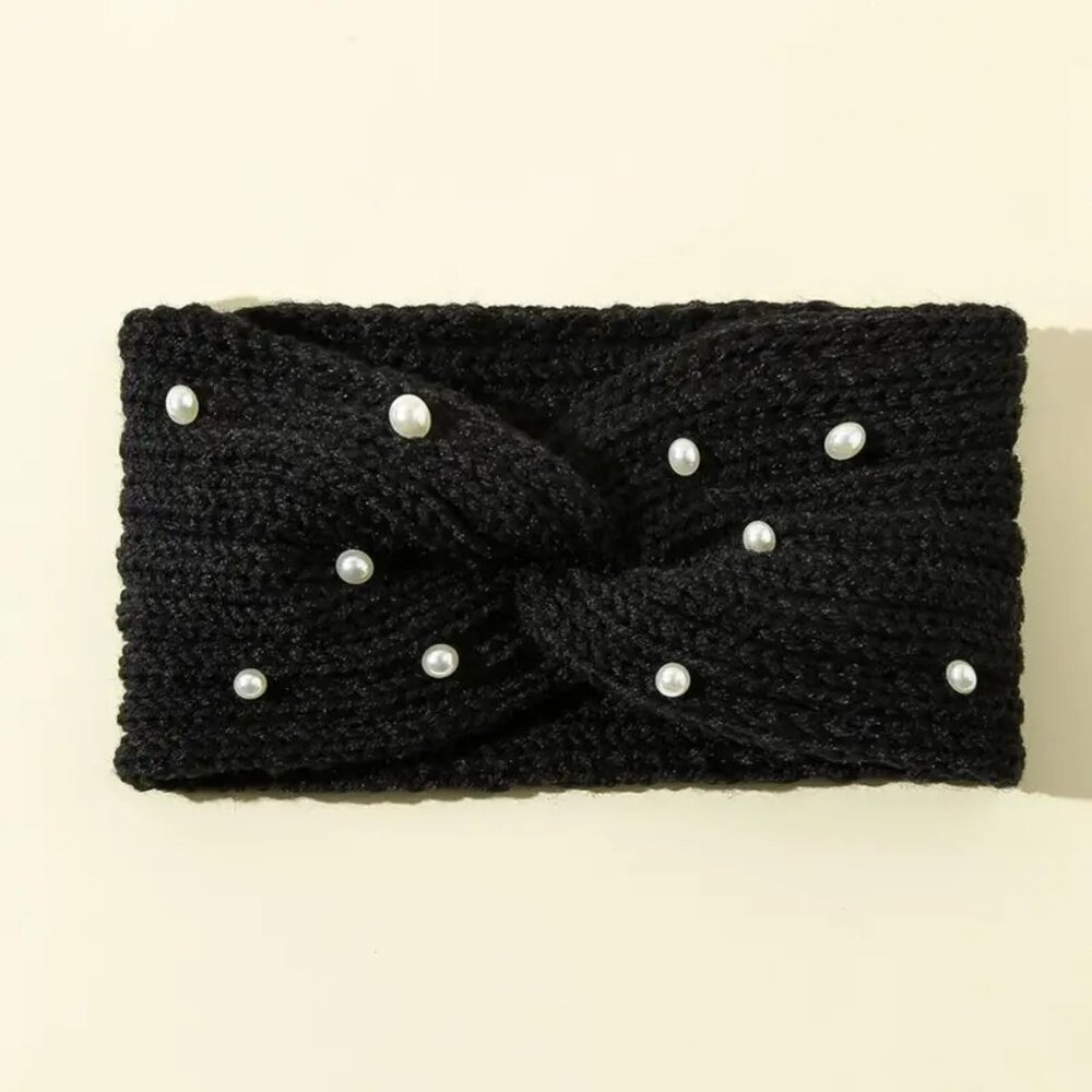 NWT Black Colored Vintage Knitted Headband/Ear Warmers With Pearl Beaded Decor - Picture 1 of 7
